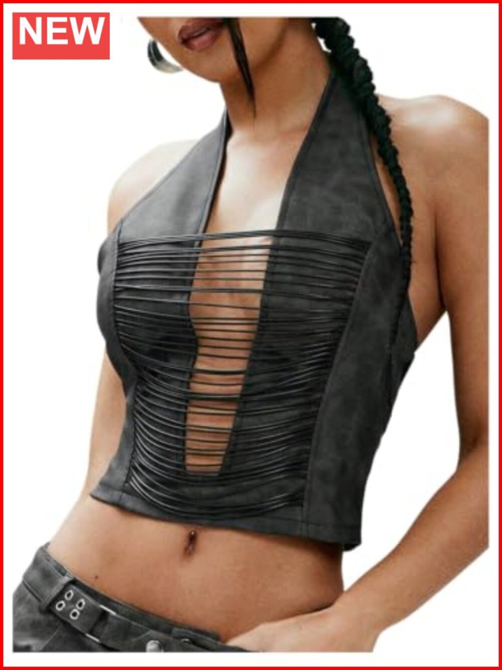 Faux Leather Halter Crop Top Lace Up Plunge Backless Party Tank
